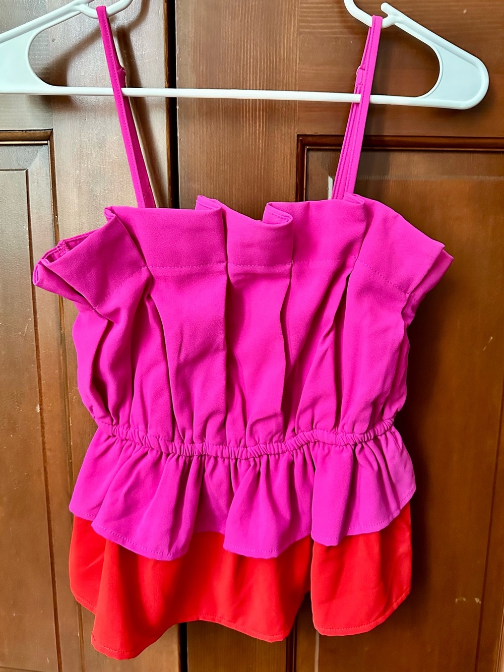 TCEC Pink & Red Ruffle Layered Spaghetti Strap Tank
